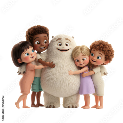 Cartoon friends embrace yeti with joyful smiles