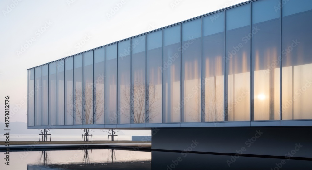Fototapeta premium A modern glass building with a reflective facade, situated by a calm body of water at sunset.