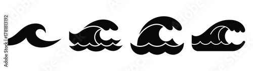 water wave minimal icon set, black color and white background