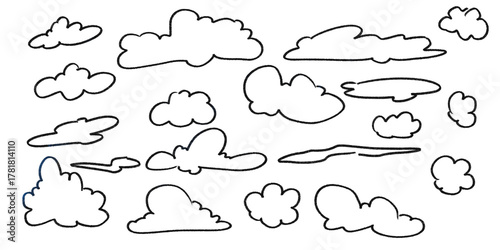 Hand-drawn Black Doodle Cloud Set. Simple Sky Elements