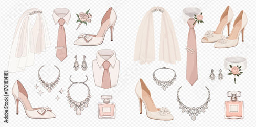 Elegant collection of wedding accessories for bride and groom, including veils, shoes, jewelry, ties, and perfume.