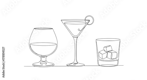 Single continuous line art of three elegant cocktail glasses e