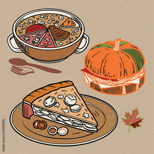 Delicious pumpkin pie slice with whipped cream and autumn leaves for thanksgiving celebration