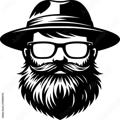 The Bearded Icon: A striking, black and white portrait of a man, adorned with a sophisticated hat, glasses, and a magnificently groomed beard and mustache, exuding an aura of cool.