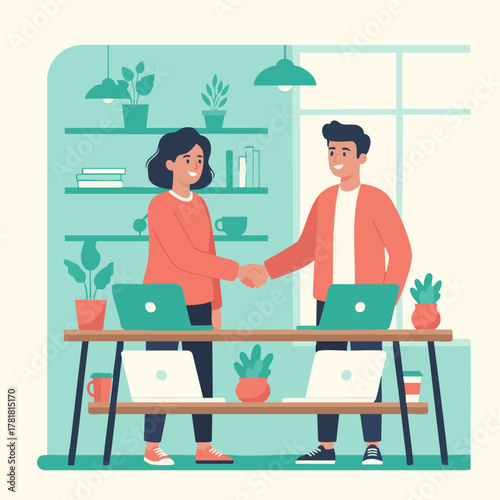 Networking & Collaboration

Flat vector of startup founders shaking hands at a co-working space