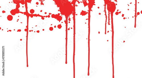 A white background is marked with red splatter and drippings