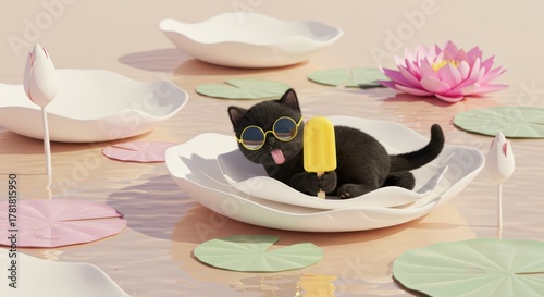 Cute black kitten with sunglasses enjoys a popsicle on a lily pad in a calm pond.