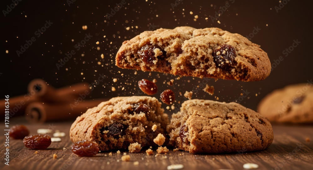 Fototapeta premium Delicious oatmeal raisin cookie exploding in mid-air, crumbs and raisins flying.