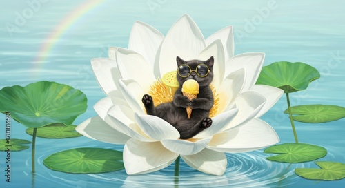 A black cat wearing sunglasses sits in a giant white water lily, enjoying ice cream on a sunny day with a rainbow in the background.