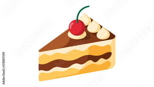 Delicious Cake Slice with Cherry: This close-up showcases a tempting slice of cake, artfully adorned with a rich chocolate topping, delicate cream swirls, and a vibrant cherry.