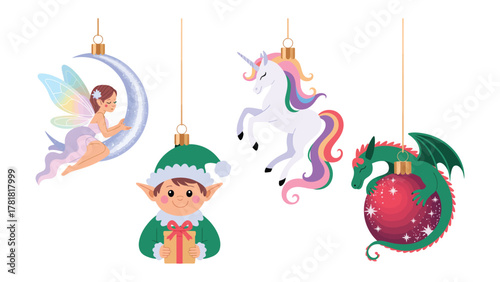 Holiday Ornament: A delightful collection of festive ornaments, including a fairy on a crescent moon, an elf, a majestic unicorn, and a whimsical dragon, ready to bring joy to the holiday season.