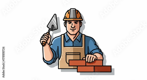 Skilled bricklayer constructing a sturdy wall with precision and expertise, wearing protective helmet and work apron in a construction zone