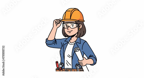 Empowered female architect ready to build the future with blueprints and a hard hat, inspiring safety and modern engineering projects