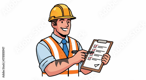 Happy construction worker completing inspection checklist with a smile, ensuring top quality and safety on the job site with meticulous detail