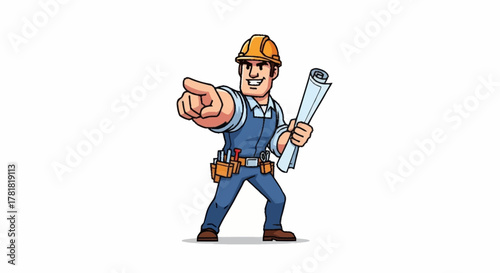 Need a skilled builder? A confident construction worker with blueprints points directly at you, ready for your project today and making your visions real