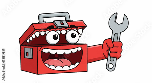 Funny toolbox character holding a wrench, ready to fix problems and tackle projects with a smile, perfect for kids' books and playful designs