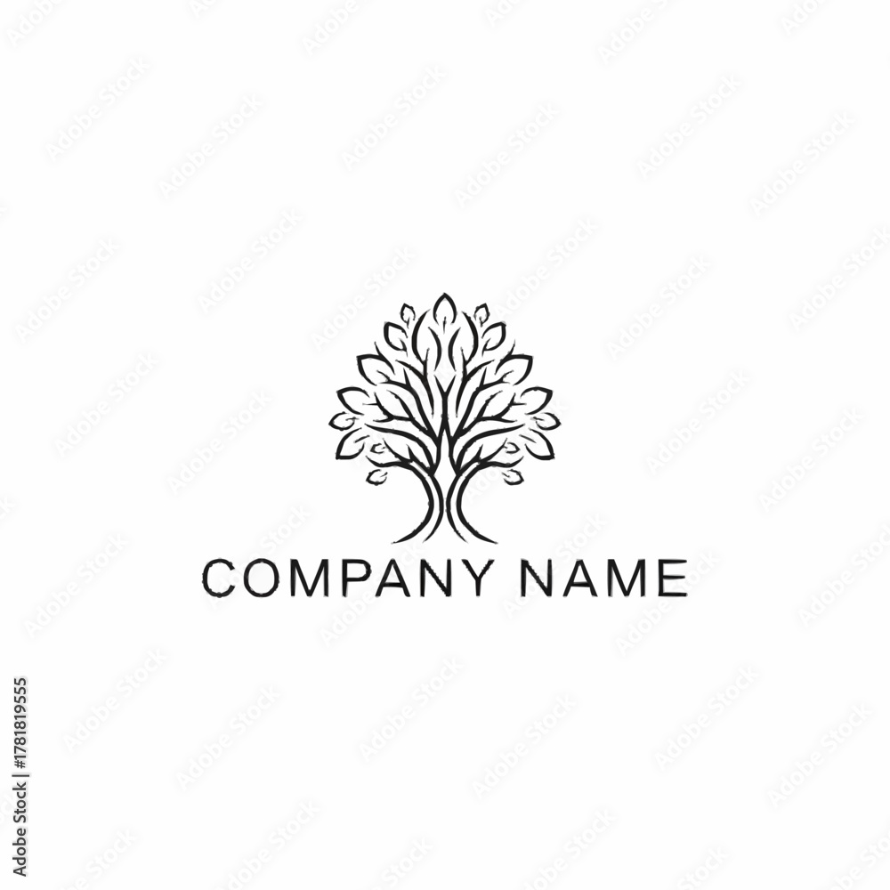 Obraz premium Elegant line art tree logo with symmetrical branches and leaves.