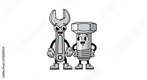 Wrench and Bolt Cartoon Characters Stand Side-by-Side with Smiling Faces, Perfect for DIY Projects and Fun Educational Content