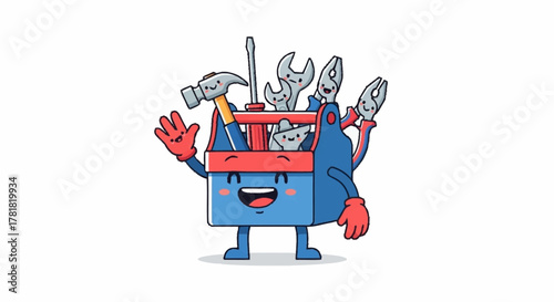 Friendly toolbox character waving hello with tools, perfect for construction, home improvement, and DIY projects with a fun, approachable vibe