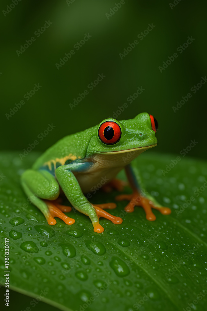 Obraz premium red-eyed tree frog on wet green leaf