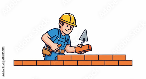 Skilled construction worker building brick wall with precision and care for a strong foundation, perfect for construction or home improvement projects