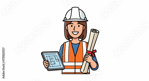 Confident female architect holding blueprints and tablet, bringing innovative designs to life with a smile, ready to build the future with passion