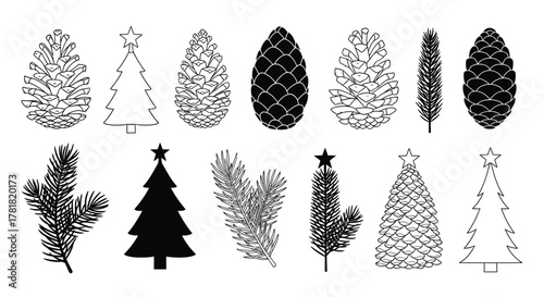 A collection of pine cones and evergreen branches with Christmas tree silhouettes.