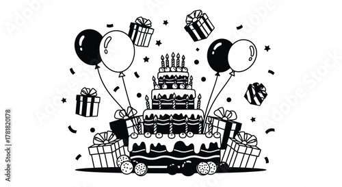 A festive tiered birthday cake sits surrounded by gifts and balloons.