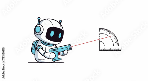 Cute robot with laser gun targeting protractor for educational games or sci-fi projects needing a playful cartoon touch and a futuristic learning concept
