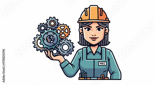 Empowered female mechanic holding gears, showcasing engineering excellence and driving innovation forward with skill and determination in the industrial sector