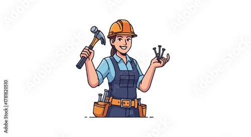 Skilled craftswoman ready to build with hammer and nails, wearing a hard hat and tool belt for home renovation and construction projects