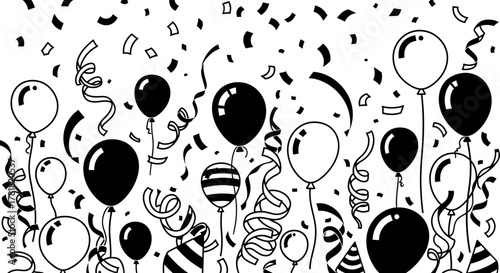 Balloons and confetti create a festive atmosphere against a white background.