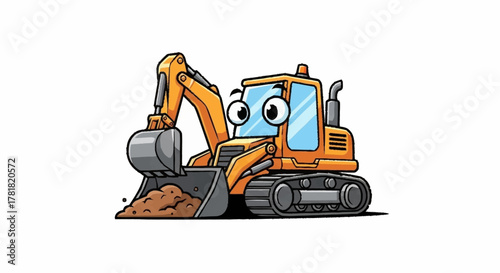 Playful cartoon excavator digging with big eyes, perfect for construction themed children's books or educational materials about building and machines