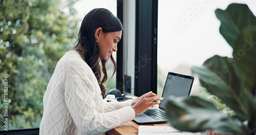 Vászonkép Woman, email or remote work in home with laptop for HR support, payroll or benefits administration