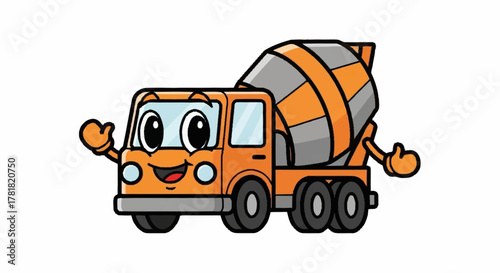 Cheerful cartoon cement truck waving hello, perfect for children's books, construction themed party invitations, or educational materials about building