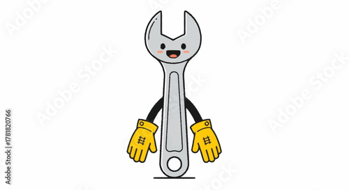 Cute cartoon wrench character wearing safety gloves ready to fix things, ideal for construction, handyman services, or DIY projects promotion
