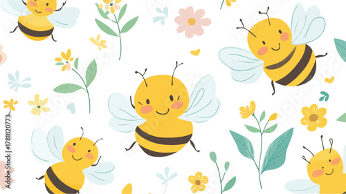 Yellow cute cartoon bee and butterfly vector illustration pattern on floral spring grass leaf