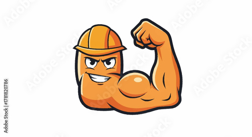Powerful construction worker cartoon character flexing strong arm, a confident mascot for building, engineering, and skilled trades, motivational and energetic