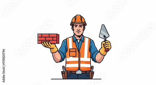 Professional construction worker holding bricks and trowel ready for the job, perfect for trades, building, and skilled labor marketing materials
