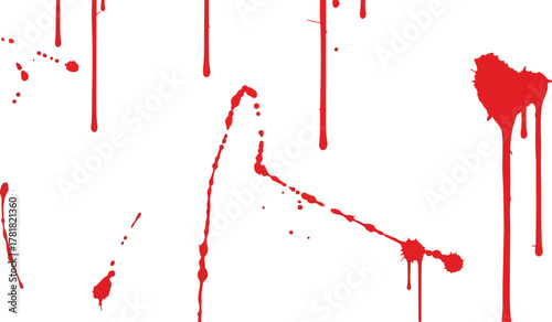 Blood splatter graphic with drips splatters and a large bloodstain Isolated on white