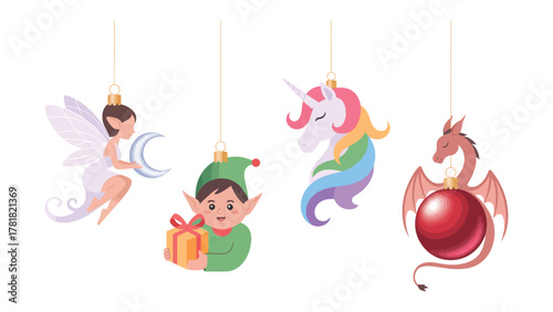 Whimsical Ornaments: A charming assortment of fantasy-themed ornaments, perfect for adding a touch of enchantment and imagination to your holiday decorations. Featuring a fairy, elf, unicorn.