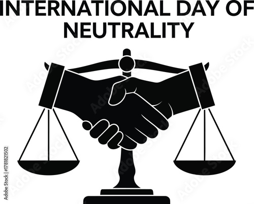International Day of Neutrality illustration with handshake and scales symbolizing peace