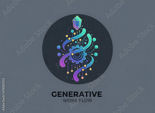 Abstract Digital Illustration of Generative Workflow with Gear and Crystal.