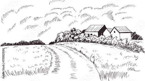 Rural farmhouses nestled among trees landscape sketch