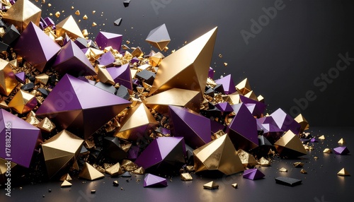 Luxurious Geometric Crystals A Cascade of Gold Purple and Black Faceted Gems.