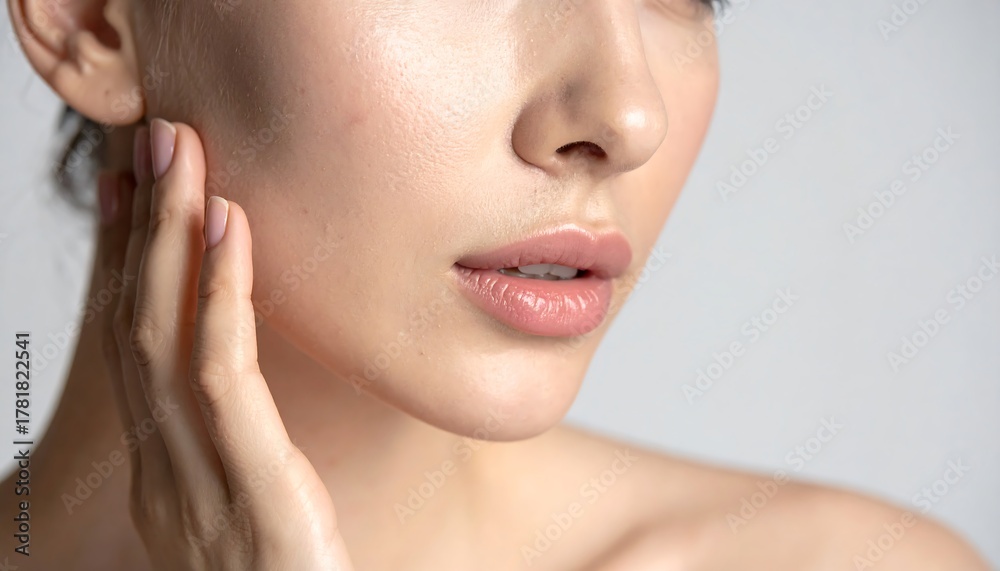 Fototapeta premium Close-up of a Womans Face with Smooth Skin and Gentle Touch.