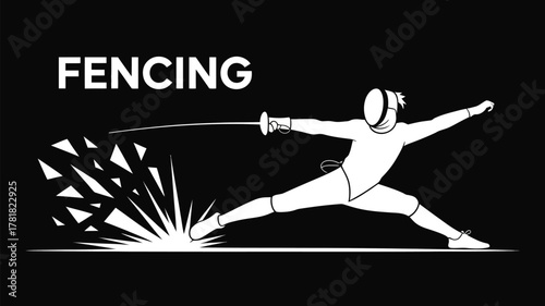 Dynamic fencing athlete in action, showcasing power and precision in a striking black and white illustration, perfect for sports branding or editorial use