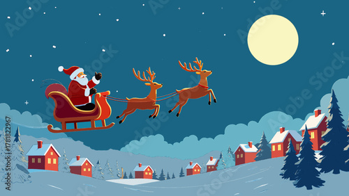 Santa Claus Riding Sleigh with Reindeer Vector Illustration
