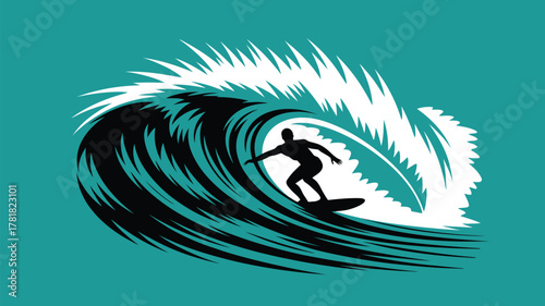 Dynamic surfer silhouette riding a stunning turquoise wave, perfect for summer vibes and adventure lifestyle brands to capture the surfing spirit