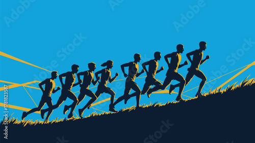 Dynamic group of runners conquering uphill challenge together, perfect for teamwork, fitness goals, and achieving success in vibrant, sporty style